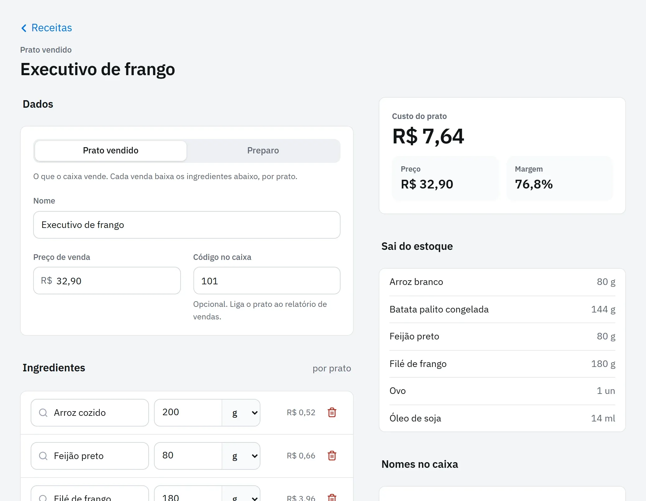 Ficha técnica do prato Executivo de frango com custo, preço de venda, margem e os insumos que saem do estoque.